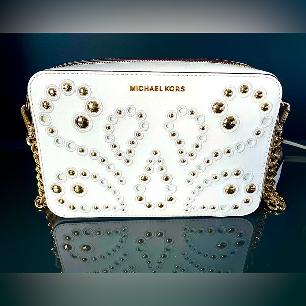 MICHAEL KORS white leather paisley studs camera crossbody bag